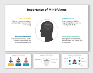 Slide deck on mindfulness with infographics and visuals explaining its impact on cognitive, emotional, and physical health.