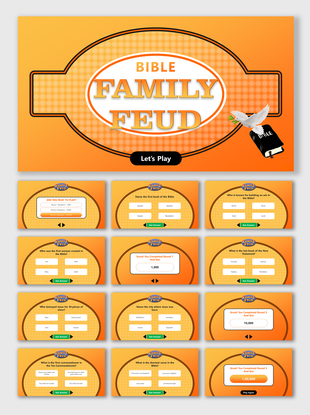 Orange themed Bible trivia game presentation with multiple choice questions, answers, and scoring rounds.