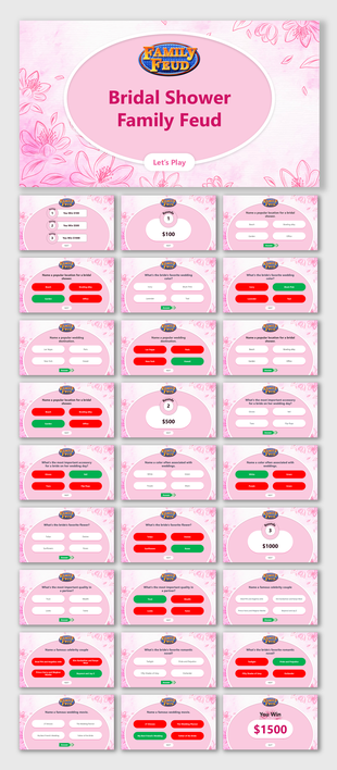 A pack of bridal shower family feud game board slides displaying rounds, questions, and winning amounts in a playful design.