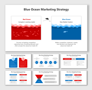 Infographic PPT slides comparing Red Ocean and Blue Ocean marketing strategies in different layout designs with descriptions.