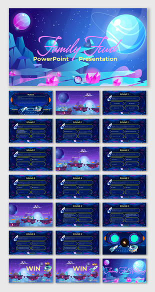 Family Feud game slide deck with galaxy backdrop, multiple-choice questions, round transitions, and final score slides.