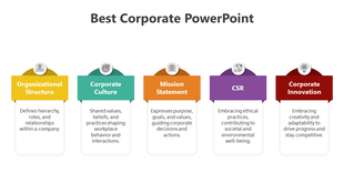 Five vertical labels in yellow, green, orange, purple, and red with white icons, showcasing a corporate theme.