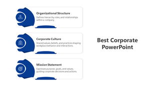 Corporate slide design with three horizontally aligned white sections, blue shapes, and icons on a white background.