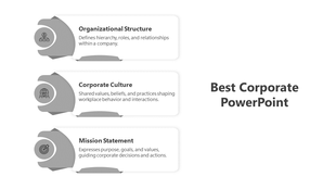 Corporate PowerPoint slide with three sections each with a corresponding grey icon and brief description.