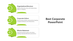 Corporate infographic with three green labeled sections and business related icons each with caption areas.
