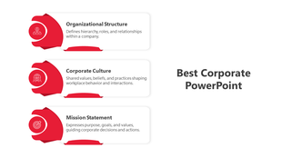 Corporate infographic with three red labeled sections and business related icons each with caption areas.