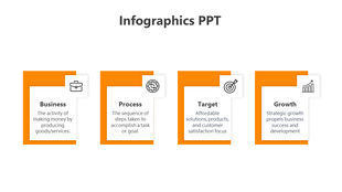 Four connected squares with orange accents, showing business terms like target, process, and growth with icons.