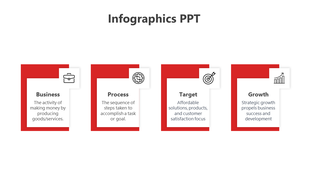 Infographic with four red bordered cards labeled Business and Growth, each with icons in white corner boxes.