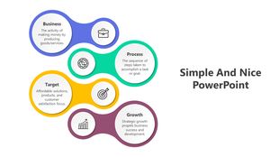Simple and nice PPT presentation slide featuring fluid shaped elements in blue, green, yellow, and purple with icons.