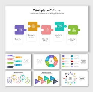Slide deck with interconnected puzzle pieces and charts in bright colors, each representing key cultural aspects.