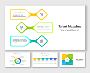 Talent mapping slide deck showing colorful linked shapes, icons, and flowcharts for assessing skills and roles.