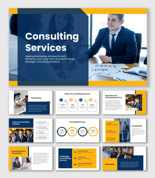 Consulting Services presentation with blue yellow layouts, business visuals, and consulting workflow slides.