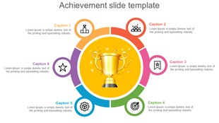A circular achievement slide with six sections, featuring icons and captions surrounding a golden trophy in the center.