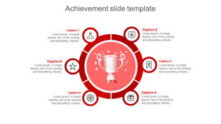 Slide for displaying achievements with a red background, a trophy in the center, and six icons related to awards.