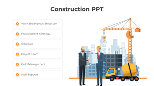 Construction slide with workflow steps  alongside a crane and a cement truck and illustrated construction site background.