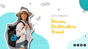 Travel themed PowerPoint slide showing a young woman ready for travel, with the text and various social media icons.