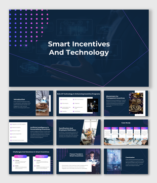 Smart incentives and technology featuring multiple slides on blockchain, AI, and gamification on a dark theme.