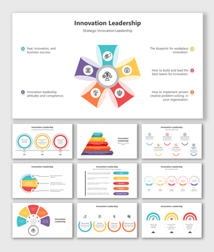 Innovation leadership infographic pack of slides with six petal-like segments, each representing different components. 