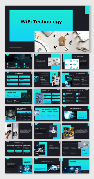 Slide deck on WiFi technology featuring signal icons, speed tables, smart home, and security graphics in a modern layout.