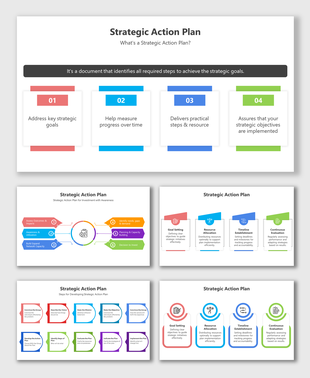Slide deck showcasing steps in a strategic action plan with organized layouts, colored blocks, and visual guides for goals.