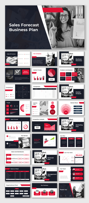 Sales forecast business plan presentation template with various slides, from market analysis to competitor analysis.