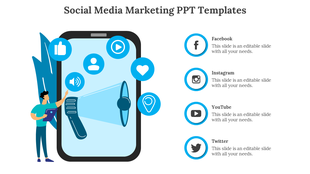 Social media marketing slide featuring icons like Facebook, Instagram, YouTube, and Twitter  and a person holding a tablet.