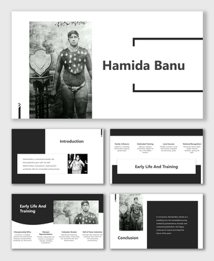 Hamida Banu slides with her wrestling accolades displayed alongside her dedication to the sport on a black and white theme.