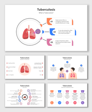 Slide deck on tuberculosis, explaining symptoms, causes, and complications with colorful medical illustrations.