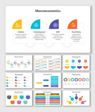 Slide deck covering macroeconomic topics, featuring icons and flow charts in vibrant colors on a white background.