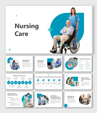 Slide deck featuring visuals of nurses assisting patients, with teal accents highlighting principles and patient safety.