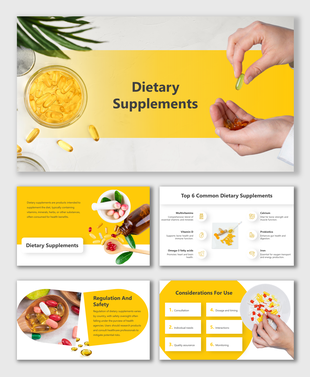 Dietary supplements PPT slides including pills, capsules, and liquids, with a focus on health benefits on a yellow theme.