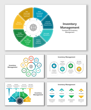 Slide deck with colorful circular and diamond diagrams showcasing inventory management stages of forecasting and reordering.