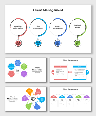 Client management slides with sections on upselling, client onboarding, project management, and feedback review with icons.