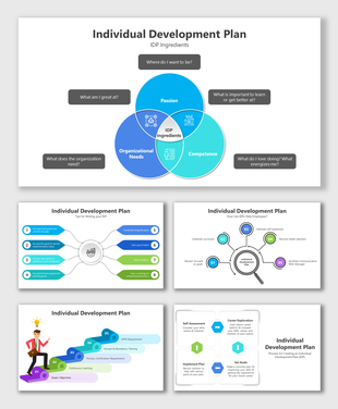 Individual development plan slide deck with colorful diagrams, flowcharts, and step by step guidance for self improvement.