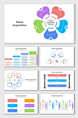 A pack of Talent acquisition slides with different layout designs and icons with text descriptions.