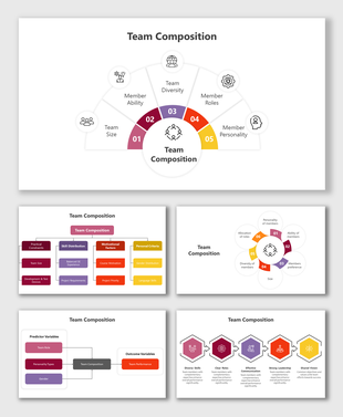 Slide deck on team composition with diagrams and colorful charts, covering factors like diversity, roles, and skills.