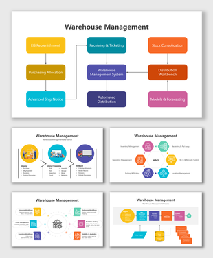 Warehouse management PowerPoint slides in different colorful layout designs with icons and text descriptions.
