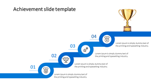 Blue path with four numbered circular icons representing achievements, ending with a gold trophy symbol.