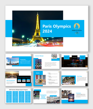 Paris Olympics 2024 slide deck with the Eiffel Tower and blue themed sections discussing host city and medals.