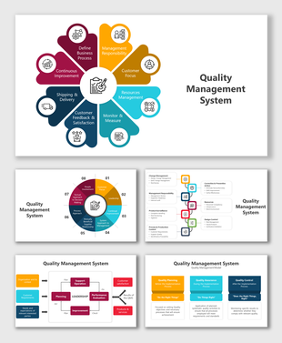 Quality management processes with segments for leadership, monitoring, evaluation, and product satisfaction.