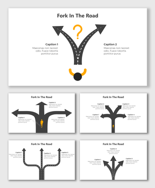 Slide deck with black forked road illustrations, showing arrows leading to different paths, with yellow question marks.