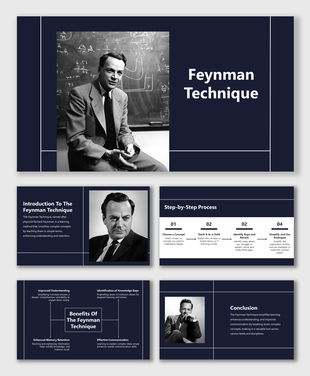 Feynman technique slides featuring a photo of Richard Feynman and sections on introduction and step by step process.