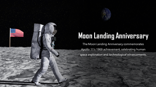 Slide highlighting the Apollo 11 moon landing anniversary, celebrating humanity's first steps on moon and space exploration.