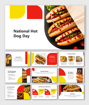 Slide deck for national hot dog day, showcasing hot dogs with toppings and a modern design with red and yellow shapes.