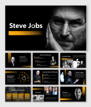 Slide deck on Steve jobs with black backgrounds and gold accents, covering his life, apple founding, and leadership.