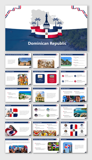 Dominican Republic slide deck showing cultural heritage, sports, healthcare, and global context, with vibrant flag elements.