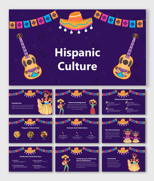 Hispanic culture title slide deck featuring traditional sombrero, floral banners, and decorated guitars.
