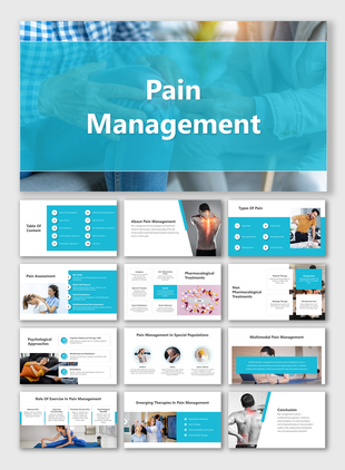 Slide deck on pain management with blue theme, showing content related to types, treatments, and therapies.