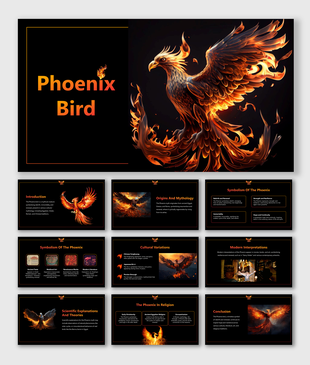 PPT slides with the phoenix bird in flames, an iconic symbol of rebirth and renewal found in various cultures and traditions.