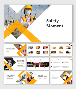 Safety training slide with image of field worker in protective gear, layout design with geometric orange and white patterns.
